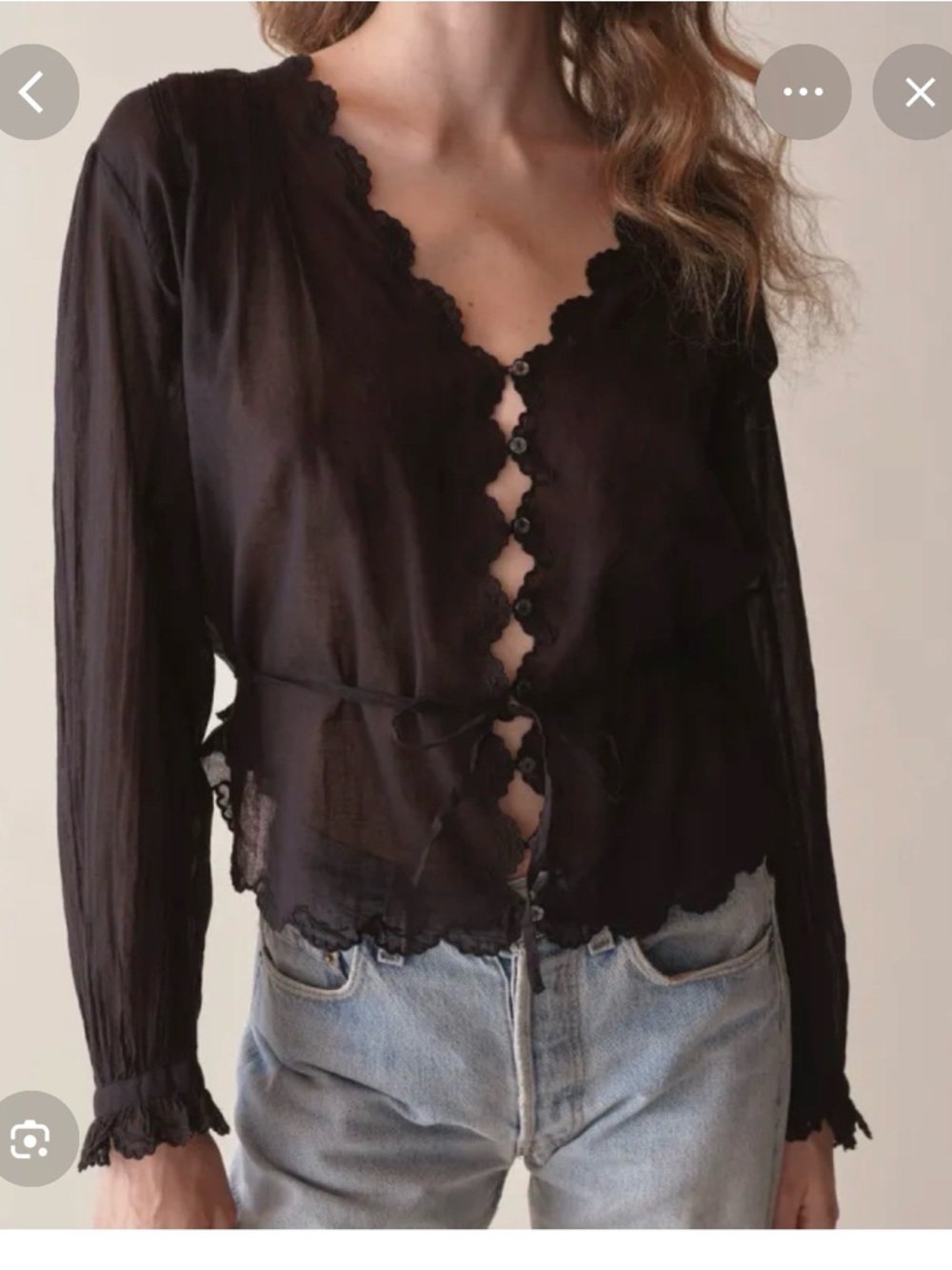 Doen Black Sheer Lace-Trim Button Front Blouse